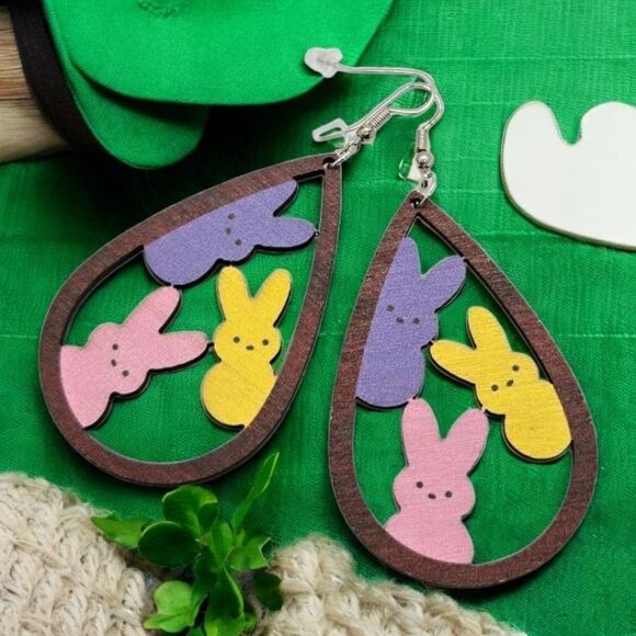 Easter Bunny Rabbit Earrings Spring Peeps Cute Wood Large 3" Dangle Jewelry NEW - Picture 3 of 6